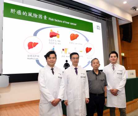 A HKUMed territory-wide study revealed that optimal control of diabetes significantly reduced the risk of colorectal and liver cancer by 28% and 30%, respectively. (From left) Dr Paul Lee Chi-ho,  Professor Walter Seto Wai-kay, Mr Chan, who had diabetes and liver cancer, and Dr Michael Cheung Ka-shing